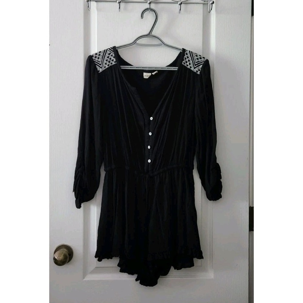 ROXY Women's Embroidered black long sleeve Romper Pockets‎ Size S